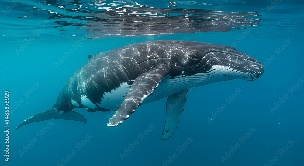 Naklejka premium Whale Swimming Underwater in Clear Blue Ocean