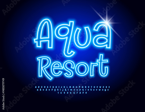 Vector Neon flyer Aqua Park. Funky Blue Neon Font. Electric Light Alphabet Letters and Numbers set.