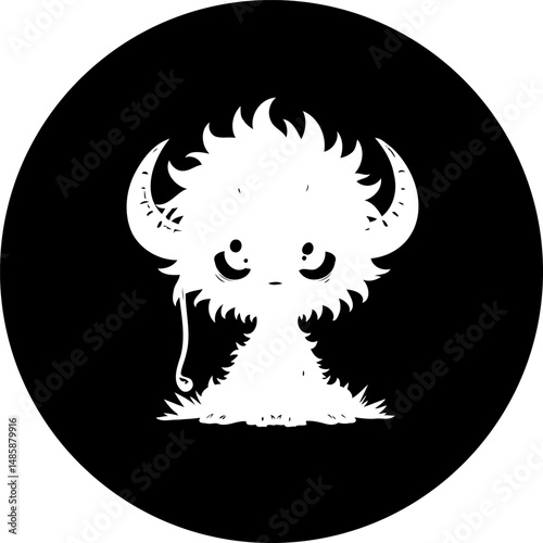 Whimsical Creature Illustration in Monochrome Palette Featuring a Playful Horned Being