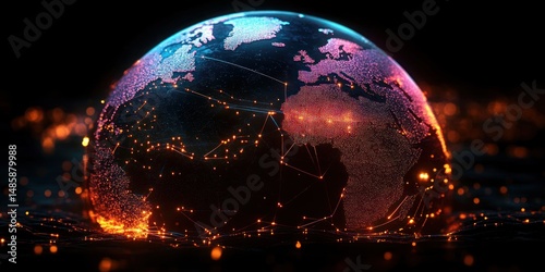 Digital illuminated globe showing continents with glowing network connections and data points against dark background conveying global communication and technology