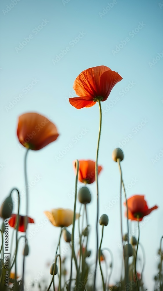 Fototapeta premium close-up shot of several poppies in a field against a clear