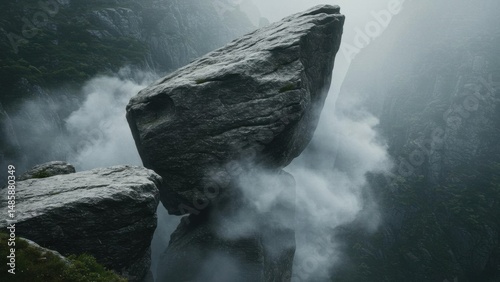 Mystical balanced rock in mountains with fog