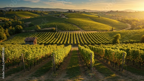 Tuscan vineyard rows on rolling hills