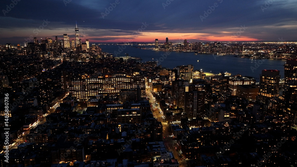 Obraz premium Night Skyline Of New York Skyline At Manhattan In New York United States. Night City Landscape. Financial District. New York Skyline At New York United States. Highrise Buildings Scenery. 