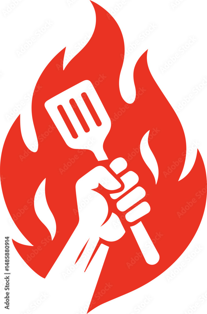 Fototapeta premium Fiery Hand Holding a Spatula - BBQ Logo