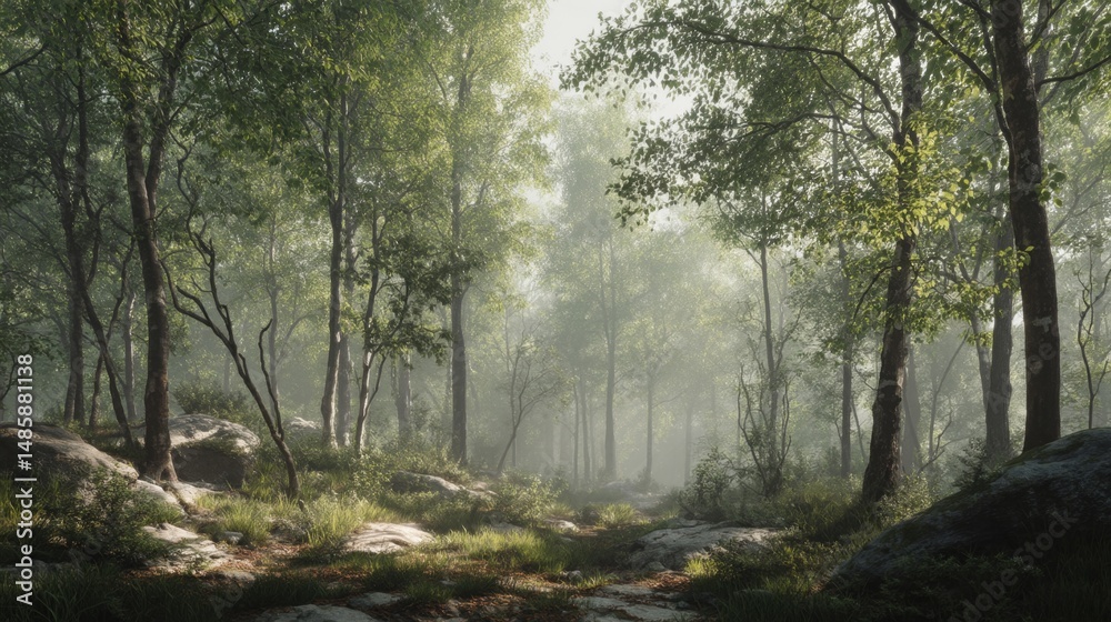 Fototapeta premium Serene Forest Pathway Surrounded by Lush Greenery and Misty Atmosphere in a Tranquil Nature Scene