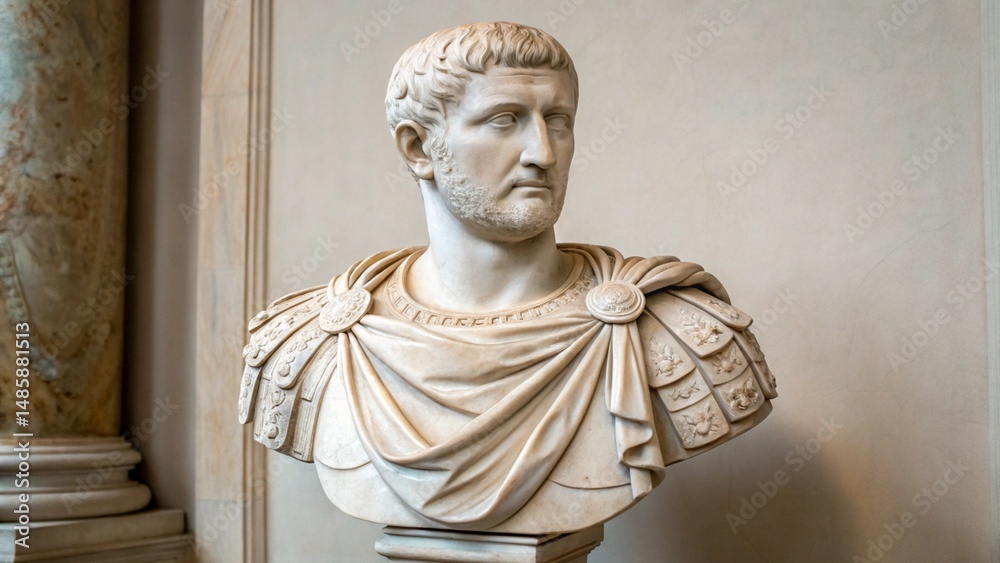 Obraz premium Close-up view of a classical marble bust, focusing on the detailed carving of the face and armor, perfect for themes of Roman history, historical figures, and ancient portraiture. 