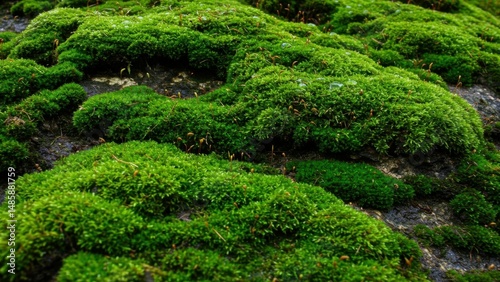 Mossy Stone surface. Lush green moss texture, close-up.