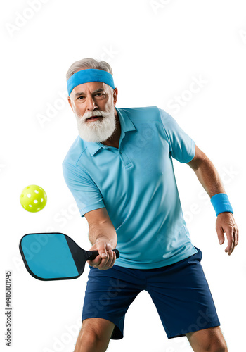 Senior man playing pickleball in active motion wearing headband on white background