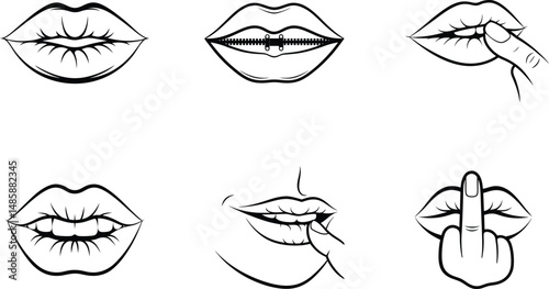 Creative mouth expressions illustration set with lips sealed shut and offensive gesture