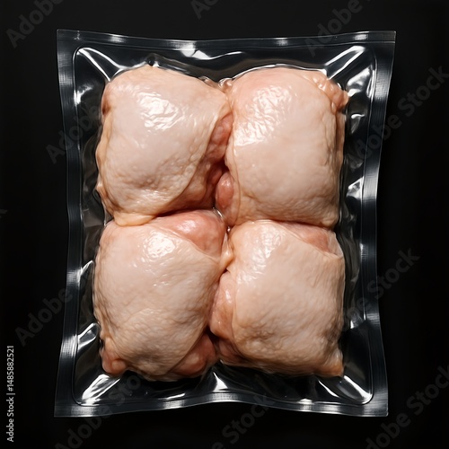 Vacuum packaging, chicken thighs in glossy clear plastic packaging.