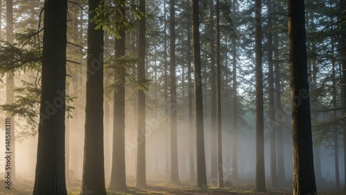 Misty, atmospheric forest scenery with tall trees