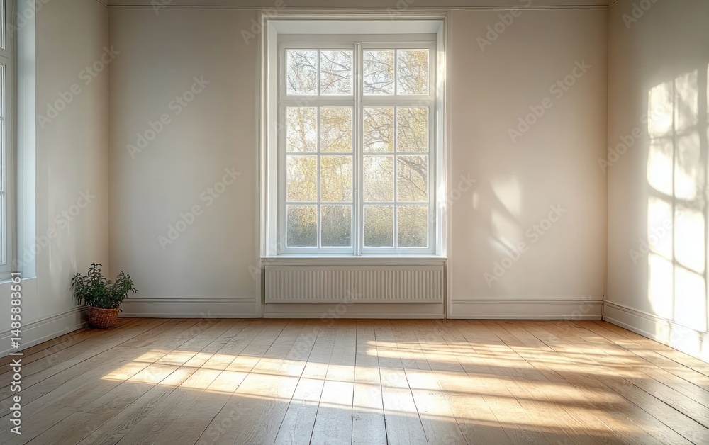 Fototapeta premium Empty bright room with large window casting sunlight on wooden floor and a potted plant in the corner creating a peaceful atmosphere