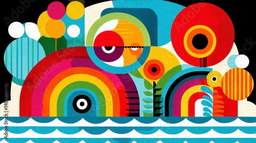 Joyful Abstract Art with Rainbow and Colorful Circles