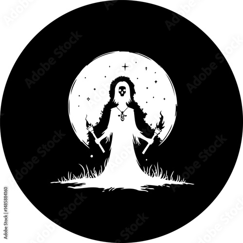 Enigmatic silhouette under the moon, holding torches in a mystical illustration