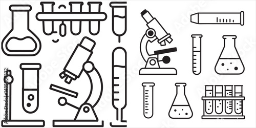 An vecctor image featuring black and white line icons of various laboratory equipment arranged in panels, highlighting the minimalist, graphic style, and scientific theme.
