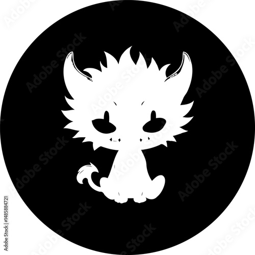 Stylized graphic of an imaginary horned creature with spiky hair inside a circle