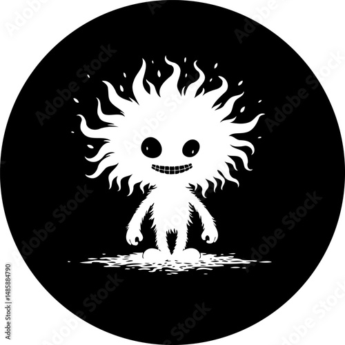 Whimsical monochrome cartoon character in circular design, a playful artistic interpretation