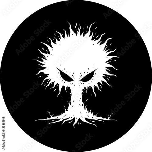 White tree emblem with menacing gaze on a black background artwork