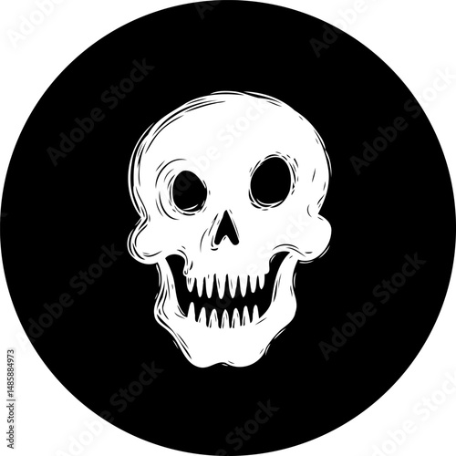 Stylized skull illustration within a dark circular backdrop offering eerie aesthetics