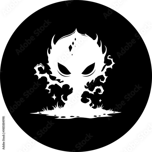 Abstract spectral figure in a circular frame evokes mystery and intrigue