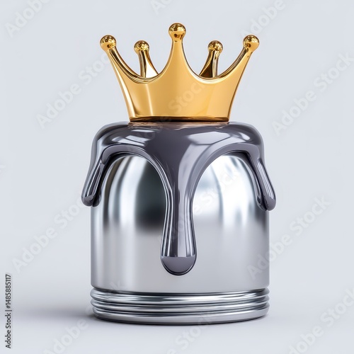 Metallic Vessel with Golden Crown and Dripping Gray Substance