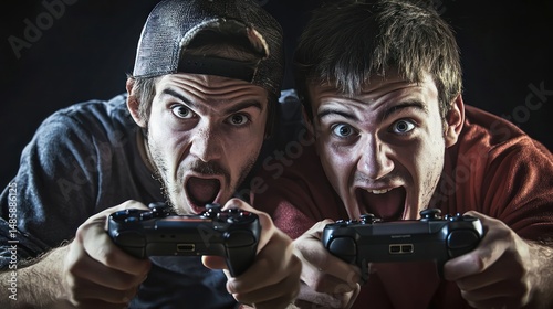 Two men playing video games with controllers in a dark room