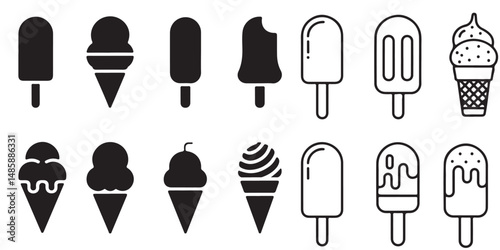 set vector various Ice Cream and Popsicle Icons Set Line Art Style, Black Ice Cream Icons Set

