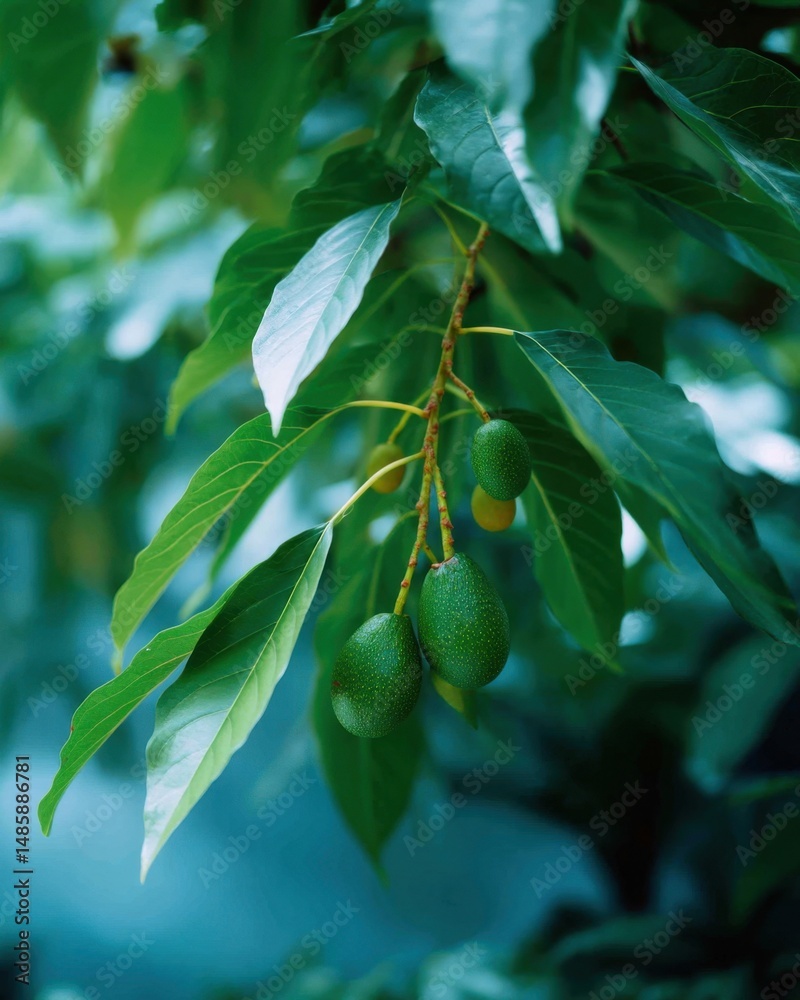 Avocado tree close-up with green leaves and visible small fruits Avocado tree close-up with green leaves and visible small fruits