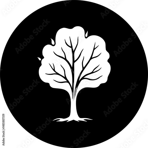 Monochrome arboreal depiction within a circular composition creating simplicity