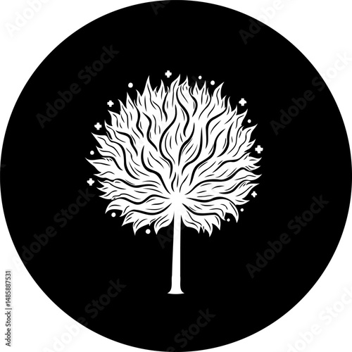 Stylized arboreal design with monochrome palette, evoking nature's complexity