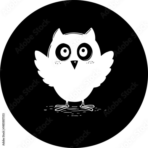 Whimsical owl illustration in black and white with minimalist aesthetic design