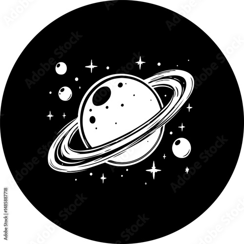 Abstract monochrome depiction of a ringed planet amidst starry void illustration