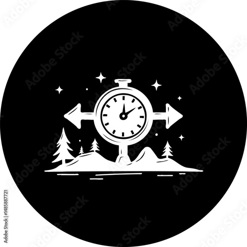 Stylized compass illustration amidst pine trees and starry night background