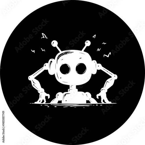 Whimsical robot illustration on black background, cartoon character design