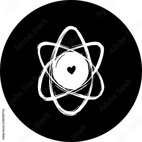 Whimsical Atom Heart in Inky Circle, a Symbol of Affectionate Science
