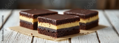 Three layered chocolate and cream dessert squares with glossy chocolate ganache on top displayed on rustic wooden surface