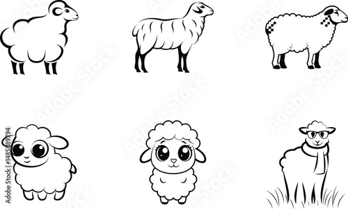 Collection of sheep vector illustrations farm animals black and white line art