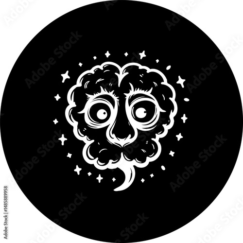 Whimsical brain cloud illustration on black background radiating celestial glow