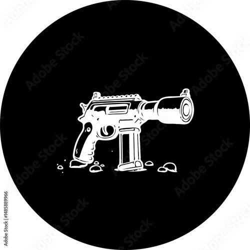 Stylized Futuristic Handgun Vector Graphic in High Contrast Circular Frame