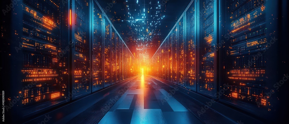 Obraz premium Long corridor between two rows of glowing server racks in a futuristic data center with vibrant blue and orange lighting and a bright light at the end