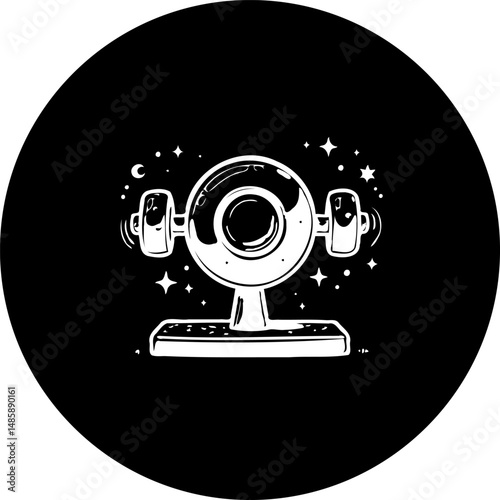 Retro communication device amidst a celestial arrangement on a black background