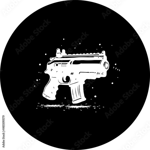 Stylized futuristic firearm emblem on stark black backdrop artwork