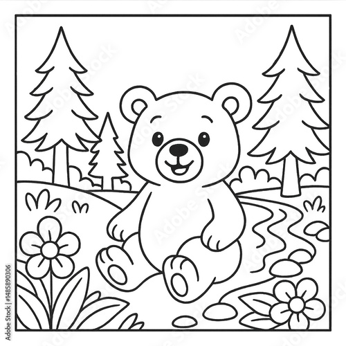 cute bear in forest coloring page for kids