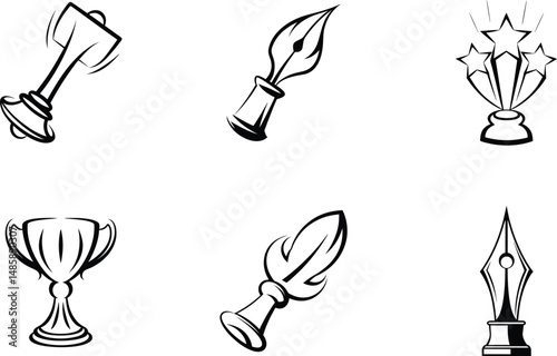 Elegant line art illustrations of trophies and antique pen nibs collection