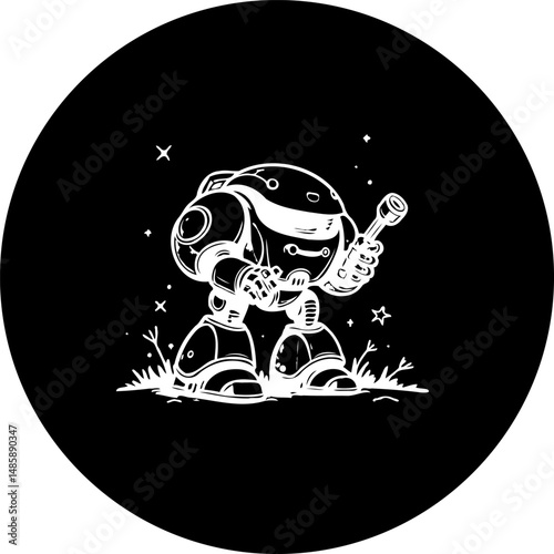 Monochrome whimsical robot character exploring uncharted extraterrestrial territory