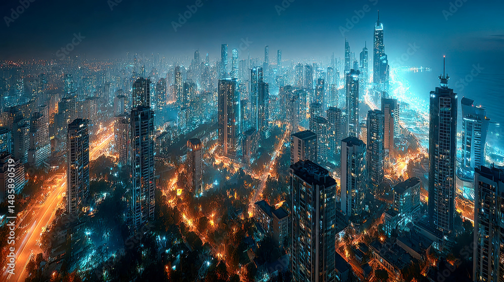 Obraz premium Futuristic cityscape at night with glowing data streams representing high-speed digital traffic on a smart road