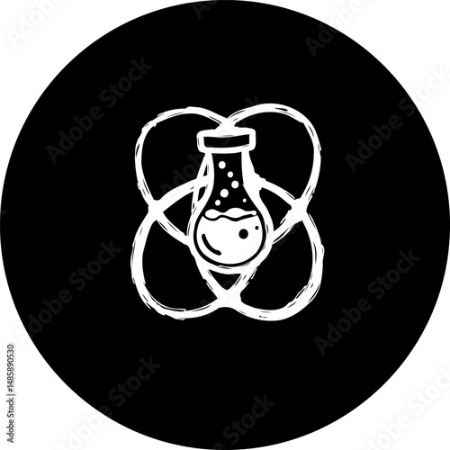 Abstract illustration of laboratory flask with atom on a black circle background