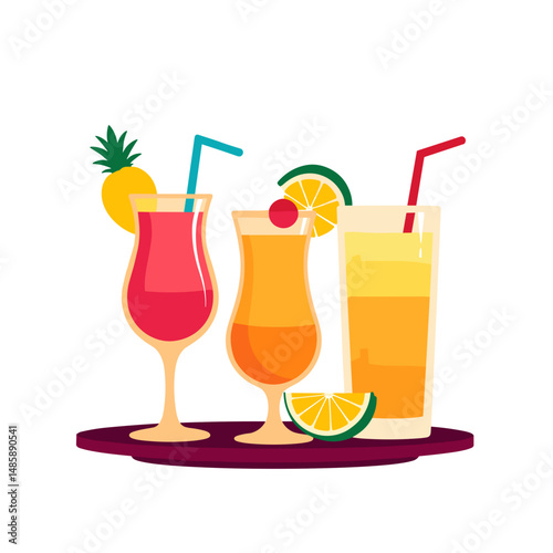 Three colorful cocktails with ice and fruit garnishes on a tray  