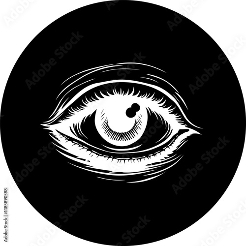 Monochrome Mystical Eye Symbol in Circular Frame, Isolated on Black Backdrop